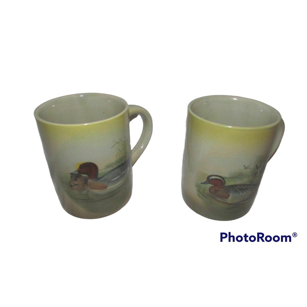 Mallard duck coffee cups mugs made Japan stoneware set lot of 2